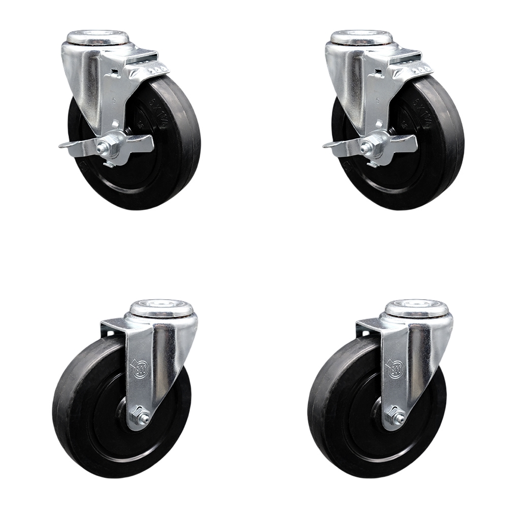 Stainless Steel Soft Rubber Swivel Bolt Hole Caster Set of 4 w/5" x 1.25" Black Wheels - Includes 2 with Top Locking Brakes - 1100 lbs Total Capacity - Service Caster Brand — photo 1