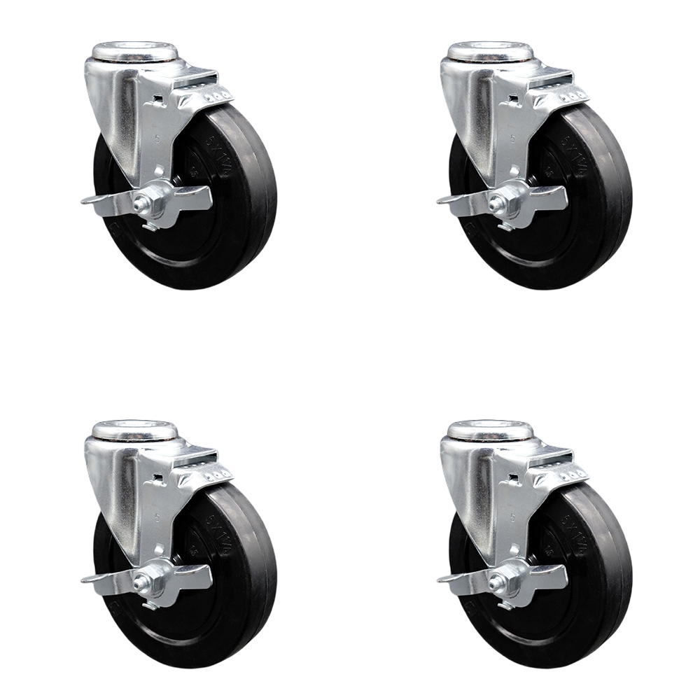 Stainless Steel Soft Rubber Swivel Bolt Hole Caster Set of 4 w/5" x 1.25" Black Wheels - Includes 4 Swivel with Top Lock Brakes - 1100 lbs Total Capacity - Service Caster Brand — photo 1