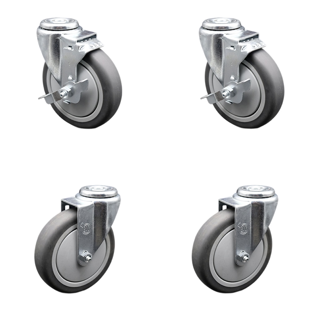 Stainless Steel Thermoplastic Rubber Swivel Bolt Hole Caster Set of 4 - 5" x 1.25" Gray Wheels - Includes 2 with Top Locking Brakes - 1,200 lbs Total Capacity - Service Caster Brand — photo 1