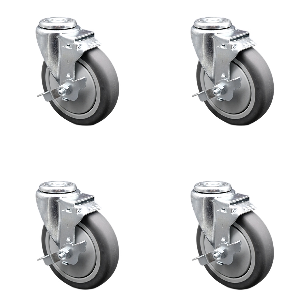Stainless Steel Thermoplastic Rubber Swivel Bolt Hole Caster Set of 4 w/5" x 1.25" Gray Wheels - Includes 4 Swivel with Top Lock Brakes - 1200 lbs Total Capacity - Service Caster Brand — photo 1