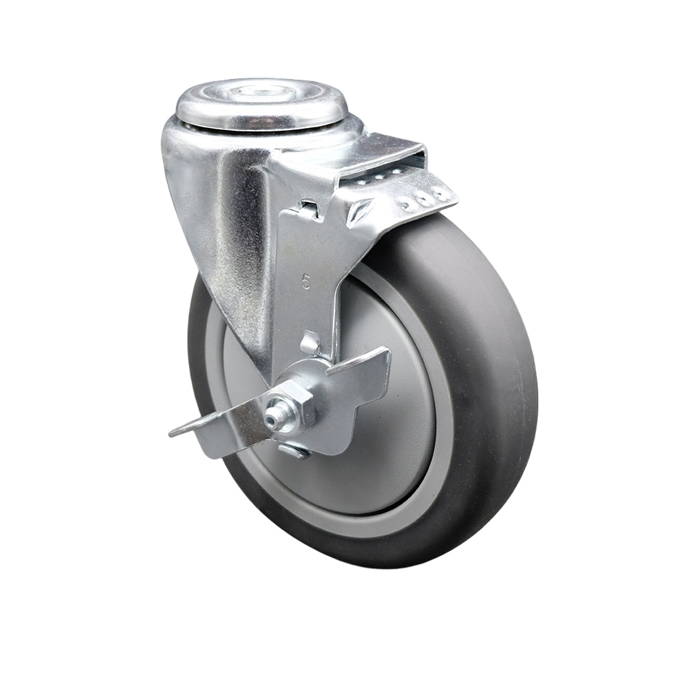 Stainless Steel Thermoplastic Rubber Swivel Bolt Hole Caster - 5" x 1.25" Gray Wheel & Top Locking Brake - 300 lbs Capacity/Caster - Service Caster Brand — photo 1