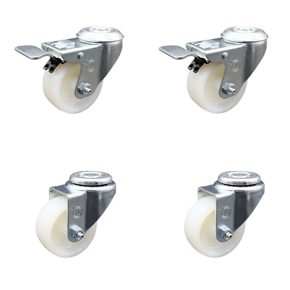 Stainless Steel Nylon Swivel Bolt Hole Caster Set of 4 w/3" x 1.25" White Wheels - Includes 2 with Total Locking Brakes - 1200 lbs Total Capacity - Service Caster Brand — photo 1