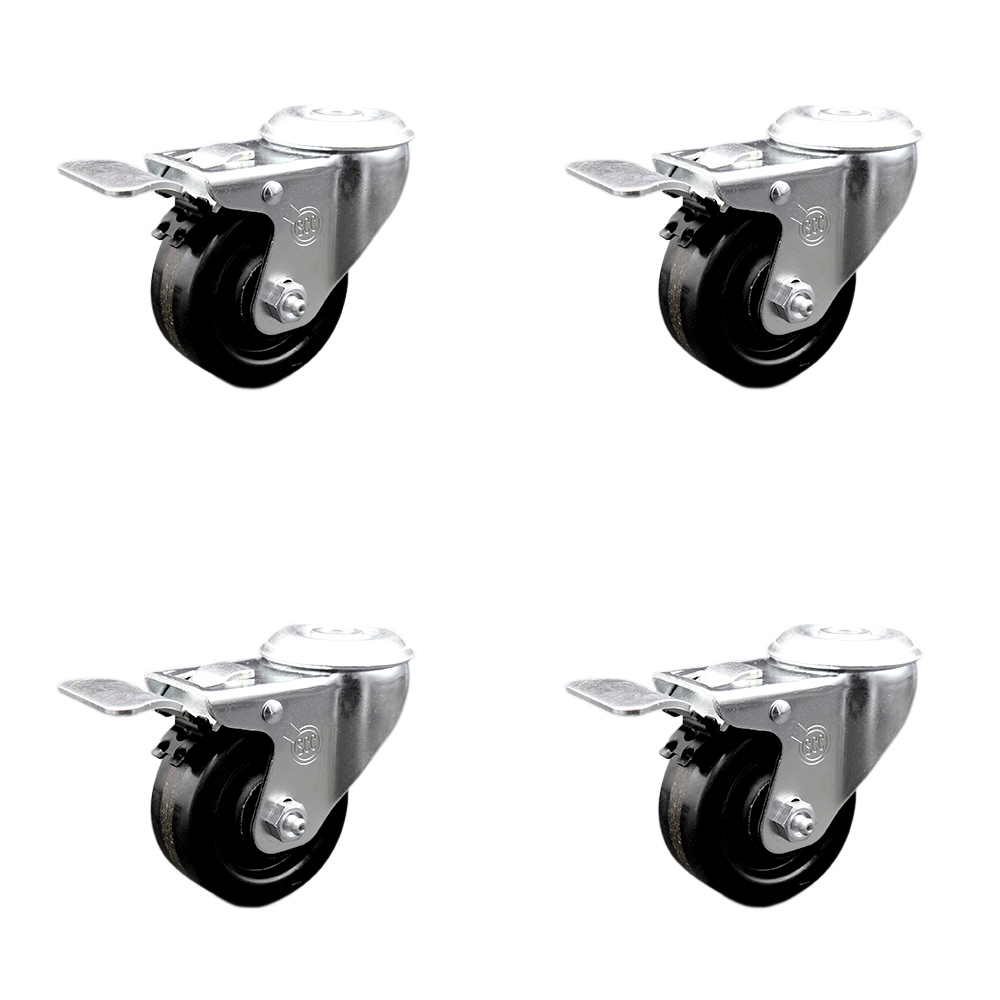 Stainless Steel Phenolic Swivel Bolt Hole Caster Set of 4 w/3" x 1.25" Black Wheels - Includes 4 Swivel with Total Lock Brakes - 1200 lbs Total Capacity - Service Caster Brand — photo 1
