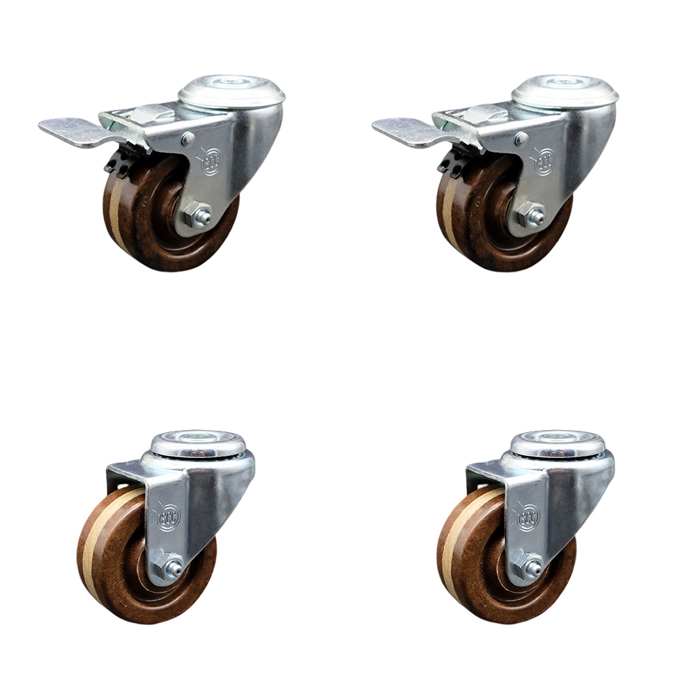 Stainless Steel High Temp Phenolic Swivel Bolt Hole Caster Set of 4 w/3" x 1.25" Brown Wheels - Includes 2 with Total Locking Brakes - 1200 lbs Total Capacity - Service Caster Brand — photo 1