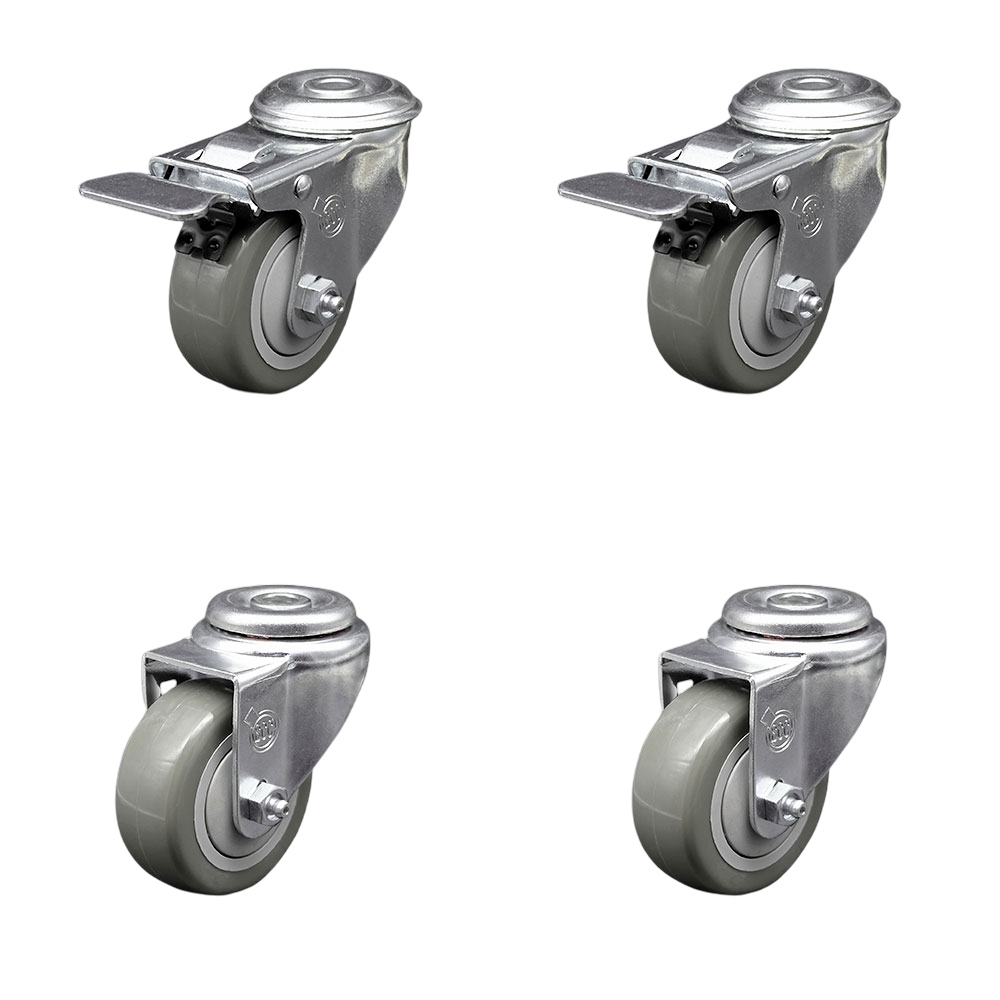 Stainless Steel Polyurethane Swivel Bolt Hole Caster Set of 4 w/3" x 1.25"  Gray Wheels - Includes 2 with Total Locking Brakes - 1200 lbs Total Capacity - Service Caster Brand — photo 1
