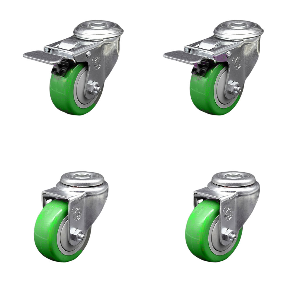 Polyurethane Swivel Bolt Hole Caster Set of 4 w/3" x 1.25" Green Wheels - Includes 2 with Total Locking Brakes - 1200 lbs Total Capacity - Service Caster Brand — photo 1