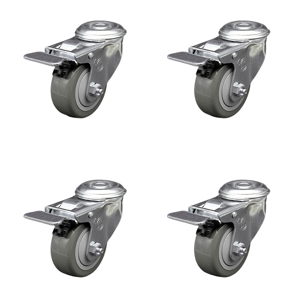 Stainless Steel Polyurethane Swivel Bolt Hole Caster Set of 4 w/3" x 1.25" Gray Wheels - Includes 4 Swivel with Total Lock Brakes - 1200 lbs Total Capacity - Service Caster Brand — photo 1