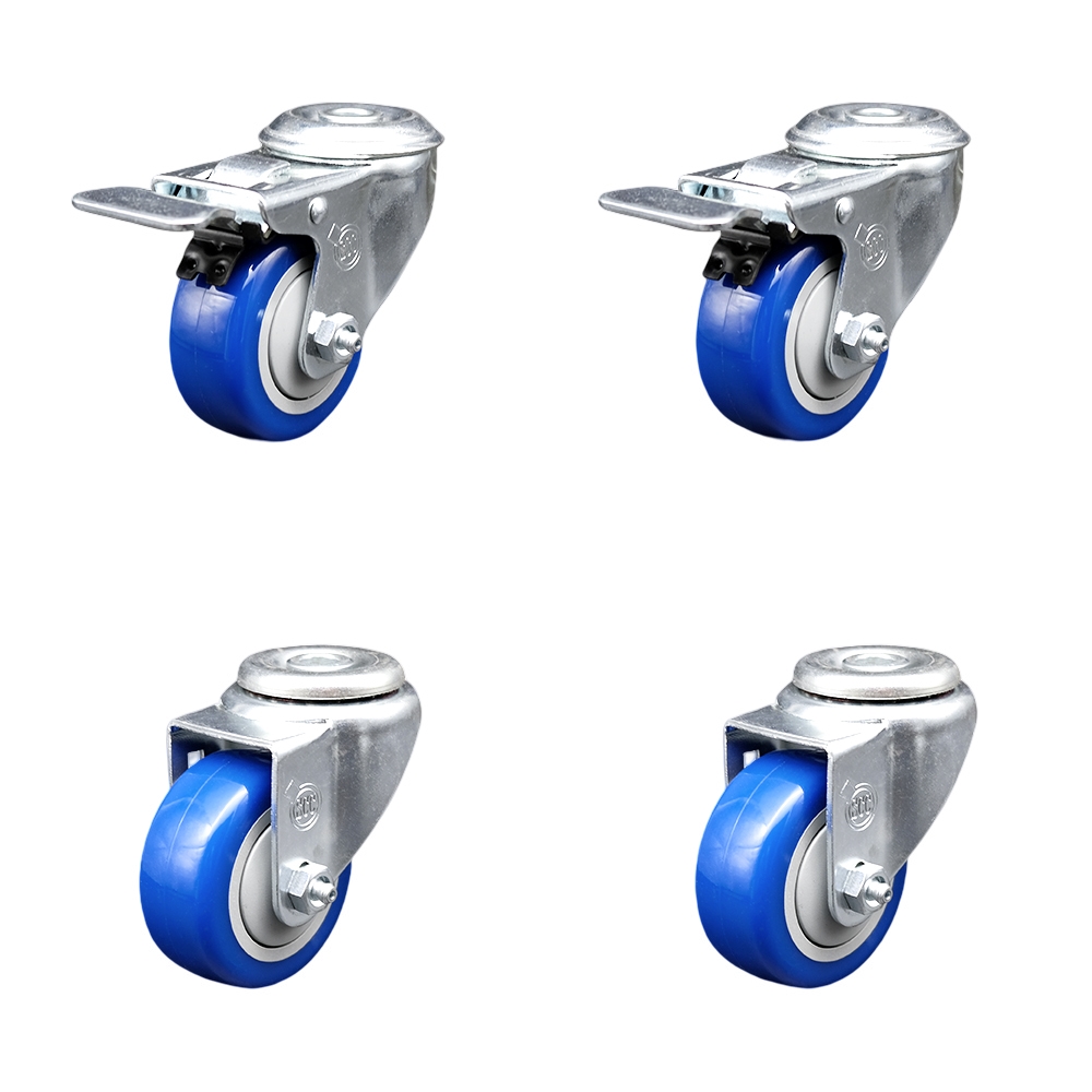 Stainless Steel Polyurethane Swivel Bolt Hole Caster Set of 4 w/3" x 1.25"  Blue Wheels - Includes 2 with Total Locking Brakes - 1200 lbs Total Capacity - Service Caster Brand — photo 1