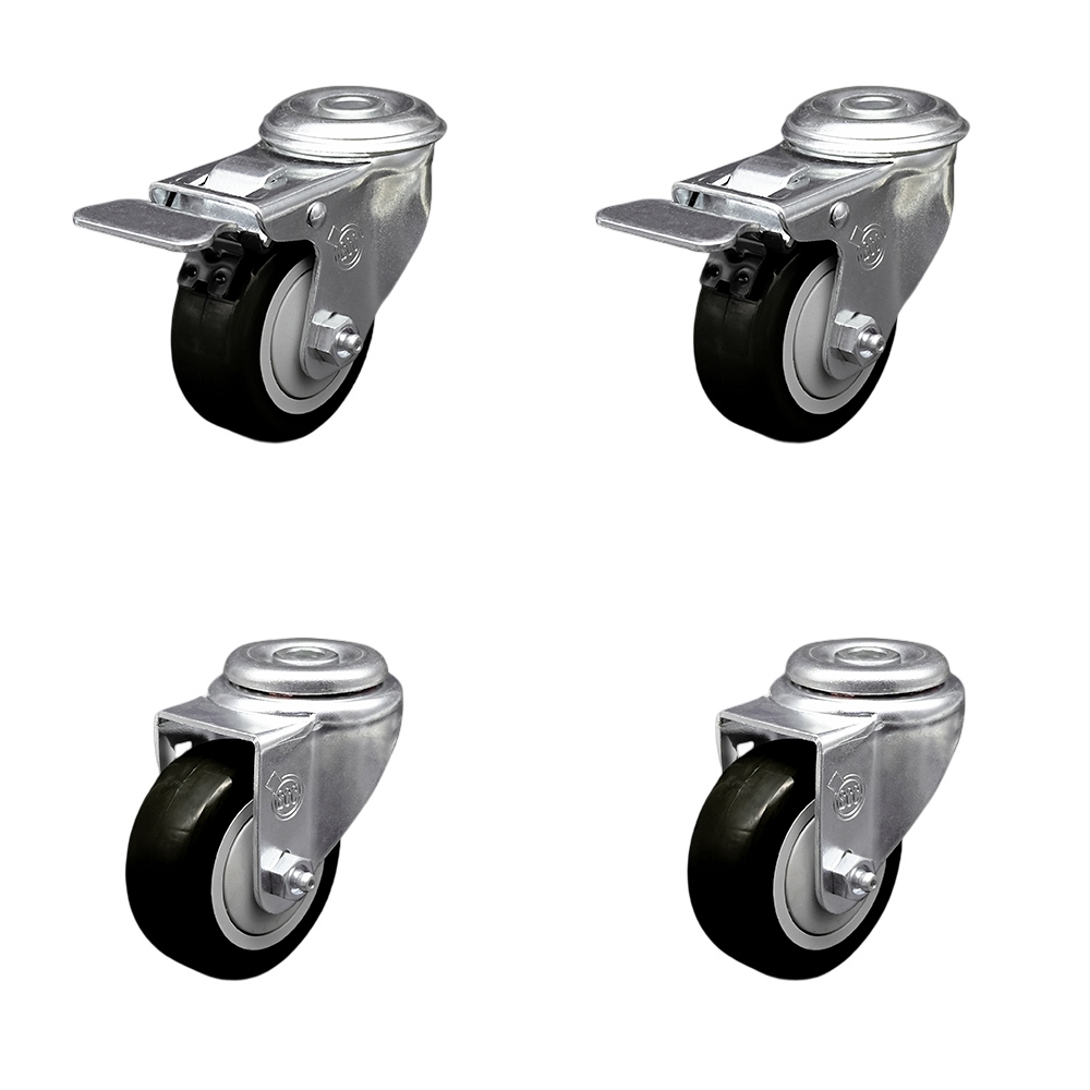 Stainless Steel Polyurethane Swivel Bolt Hole Caster Set of 4 w/3" x 1.25"  Black Wheels - Includes 2 with Total Locking Brakes - 1200 lbs Total Capacity - Service Caster Brand — photo 1