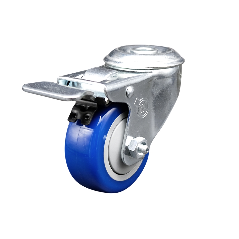 Stainless Steel Polyurethane Swivel Bolt Hole Caster w/3" x 1.25"  Blue Wheel & Total Locking Brake - 300 lbs Capacity/Caster - Service Caster Brand — photo 1