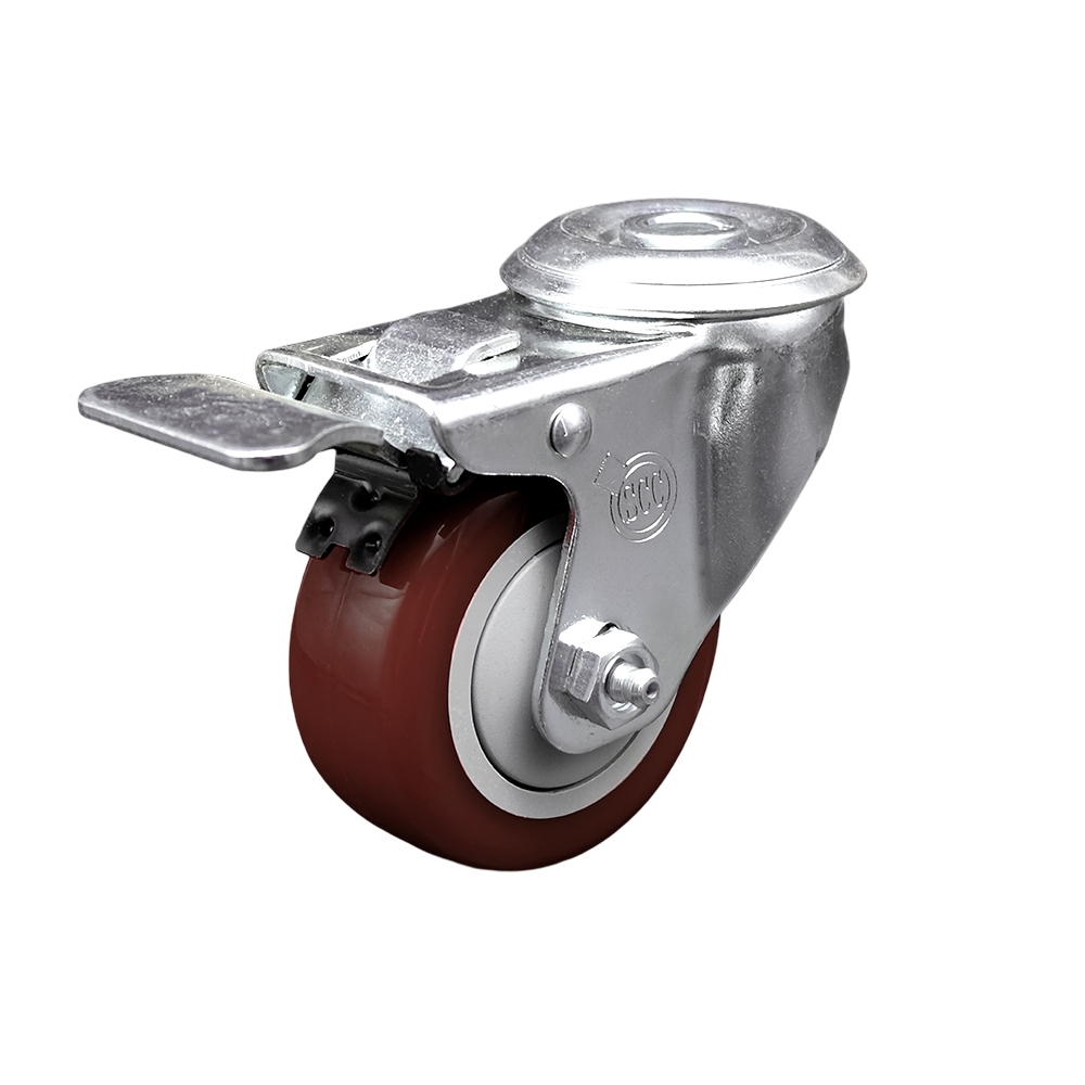 Stainless Steel Polyurethane Swivel Bolt Hole Caster w/3" x 1.25"  Maroon Wheel & Total Locking Brake - 300 lbs Capacity/Caster - Service Caster Brand — photo 1