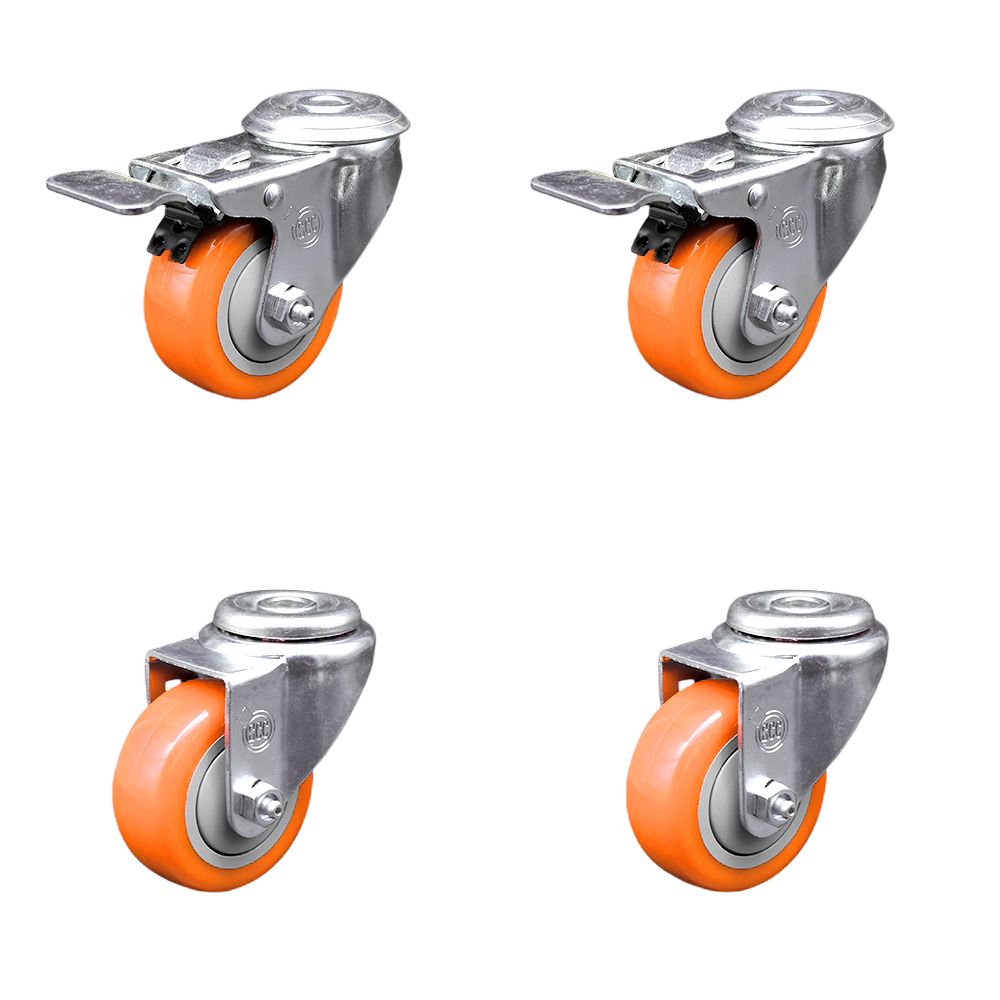 Stainless Steel Polyurethane Swivel Bolt Hole Caster Set of 4 w/3" x 1.25"  Orange Wheels - Includes 2 with Total Locking Brakes - 1200 lbs Total Capacity - Service Caster Brand — photo 1