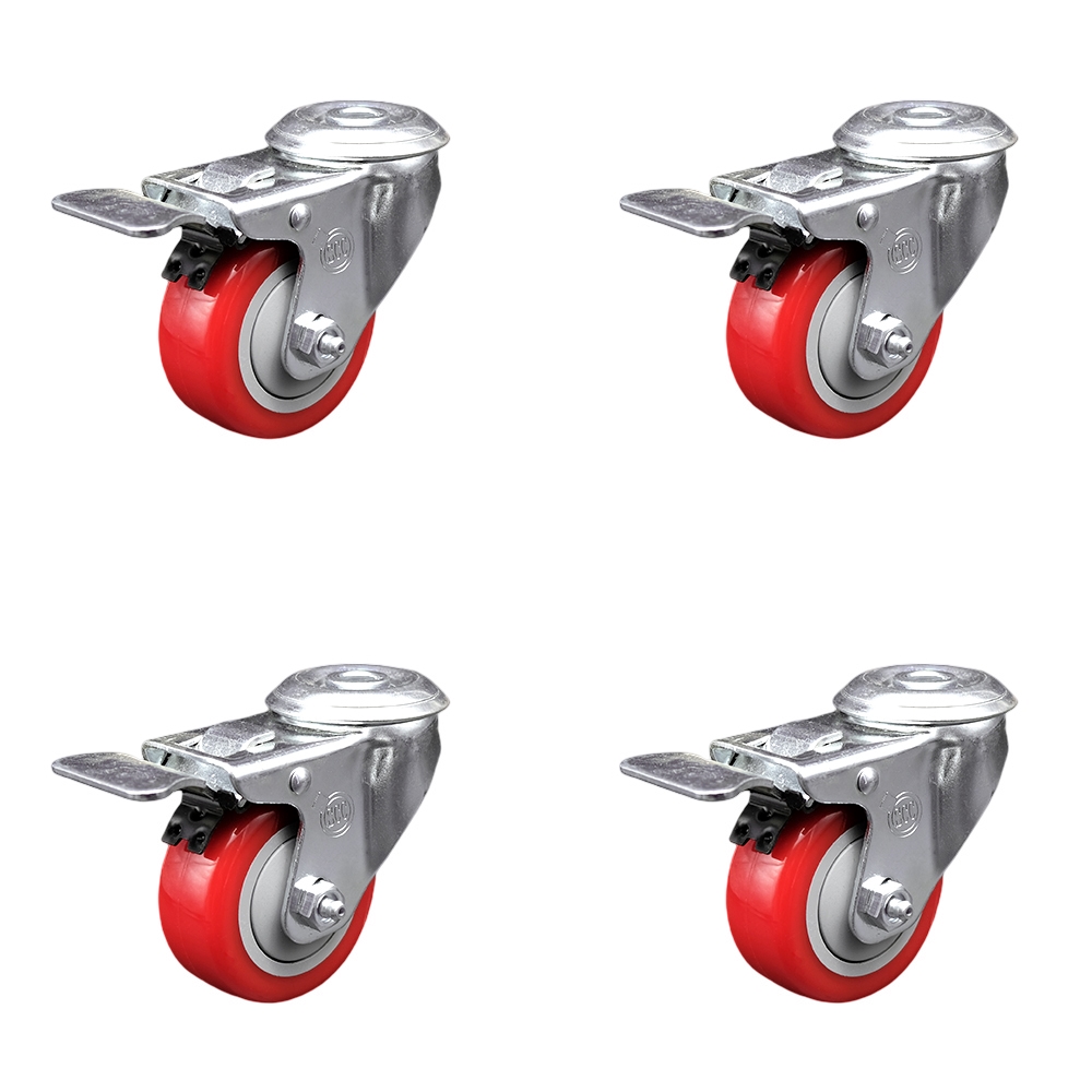 Stainless Steel Polyurethane Swivel Bolt Hole Caster Set of 4 w/3" x 1.25" Red Wheels - Includes 4 Swivel with Total Lock Brakes - 1200 lbs Total Capacity - Service Caster Brand — photo 1