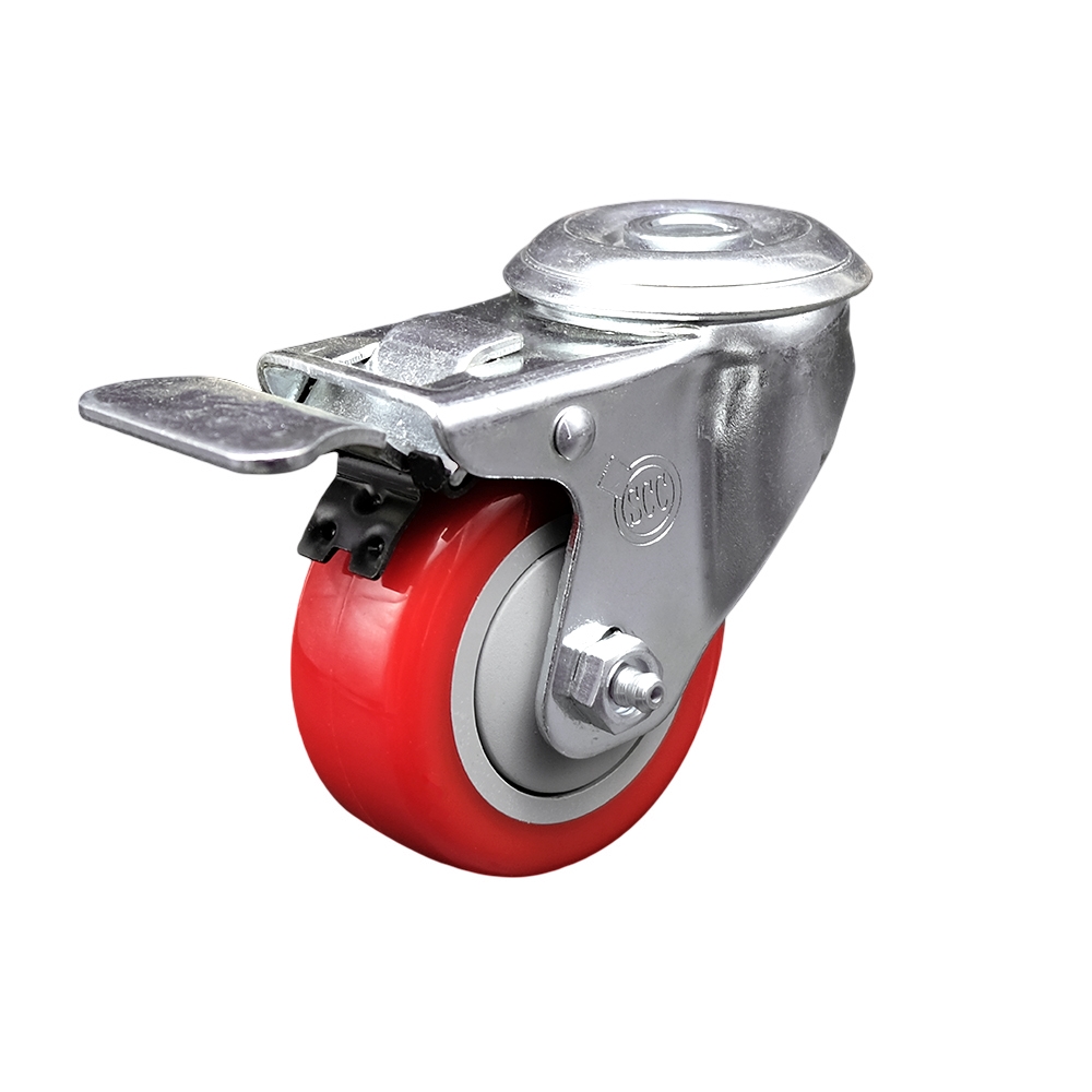 Stainless Steel Polyurethane Swivel Bolt Hole Caster w/3" x 1.25"  Red Wheel & Total Locking Brake - 300 lbs Capacity/Caster - Service Caster Brand — photo 1