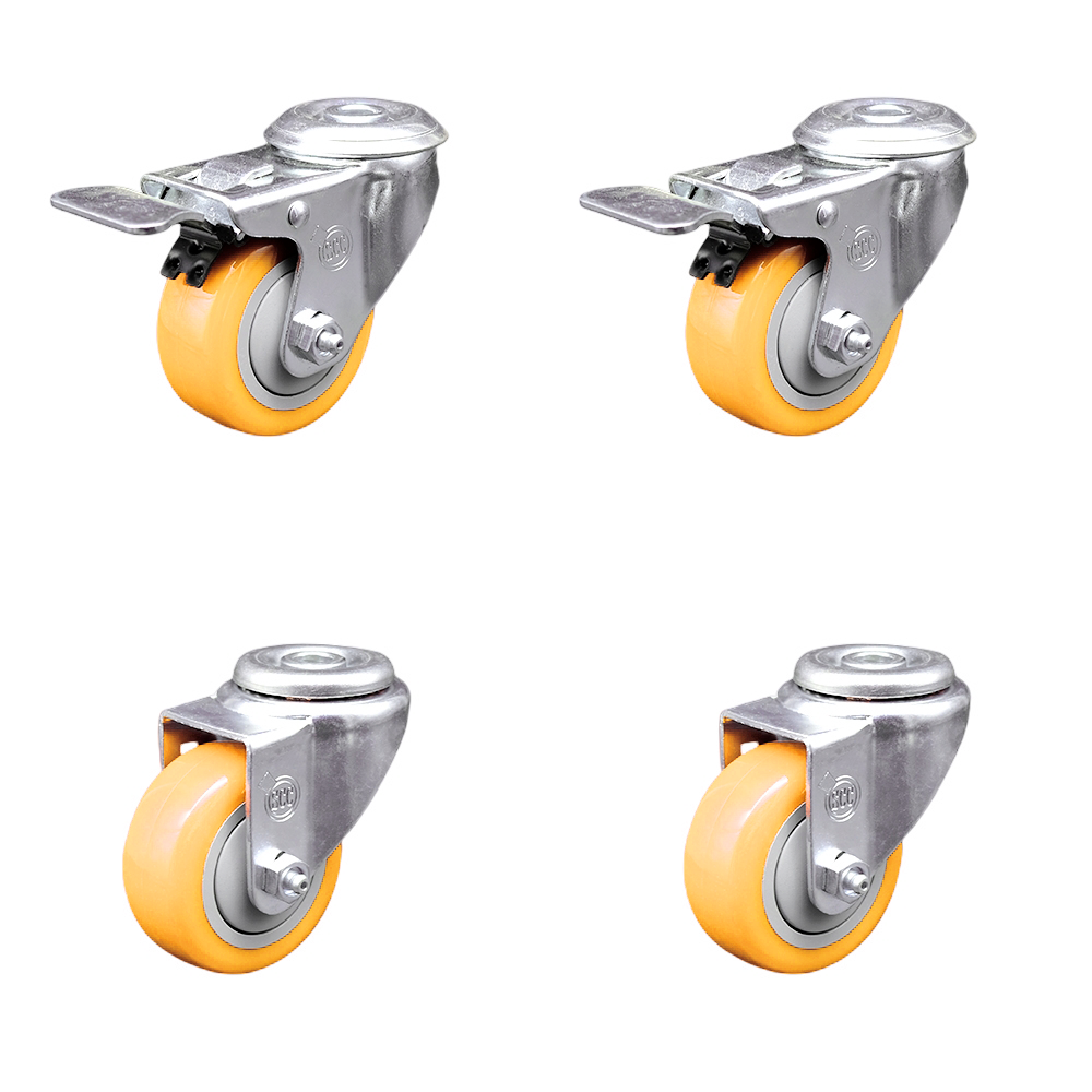 Stainless Steel Polyurethane Swivel Bolt Hole Caster Set of 4 w/3" x 1.25"  Yellow Wheels - Includes 2 with Total Locking Brakes - 1200 lbs Total Capacity - Service Caster Brand — photo 1