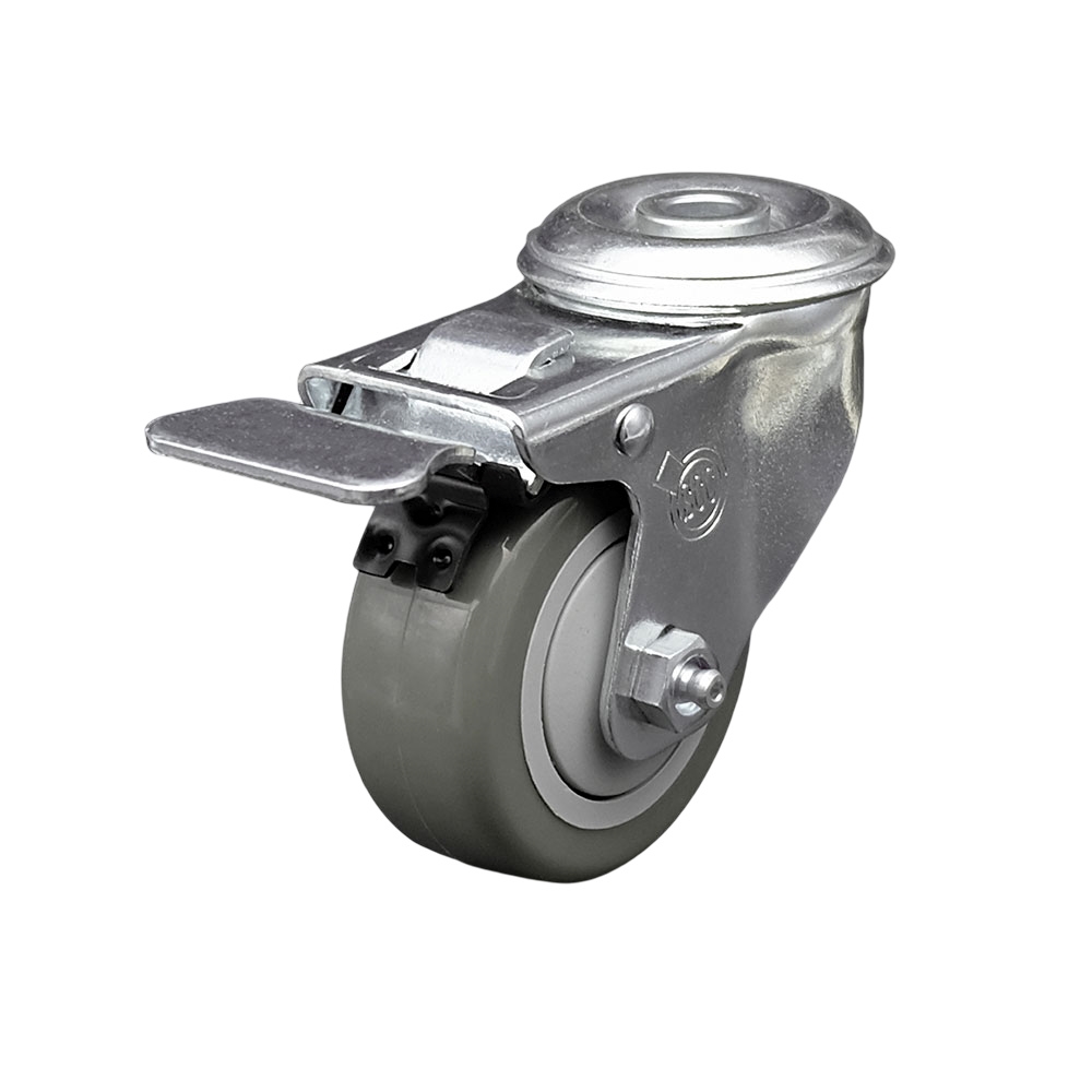 Stainless Steel Polyurethane Swivel Bolt Hole Caster w/3" x 1.25"  Gray Wheel & Total Locking Brake - 300 lbs Capacity/Caster - Service Caster Brand — photo 1