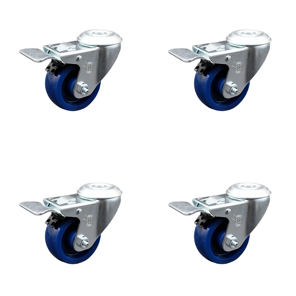 Stainless Steel Solid Polyurethane Swivel Bolt Hole Caster Set of 4 w/3" x 1.25" Blue Wheels - Includes 4 Swivel with Total Lock Brakes - 1200 lbs Total Capacity - Service Caster Brand — photo 1