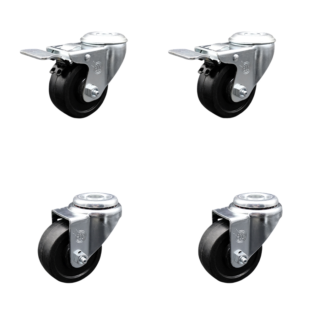 Stainless Steel Soft Rubber Swivel Bolt Hole Caster Set of 4 w/3" x 1.25" Black Wheels - Includes 2 with Total Locking Brakes - 700 lbs Total Capacity - Service Caster Brand — photo 1