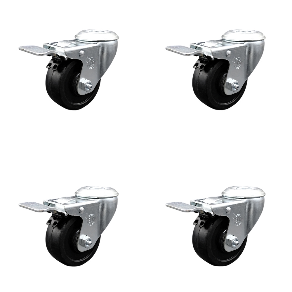 Stainless Steel Soft Rubber Swivel Bolt Hole Caster Set of 4 w/3" x 1.25" Black Wheels - Includes 4 Swivel with Total Lock Brakes - 700 lbs Total Capacity - Service Caster Brand — photo 1