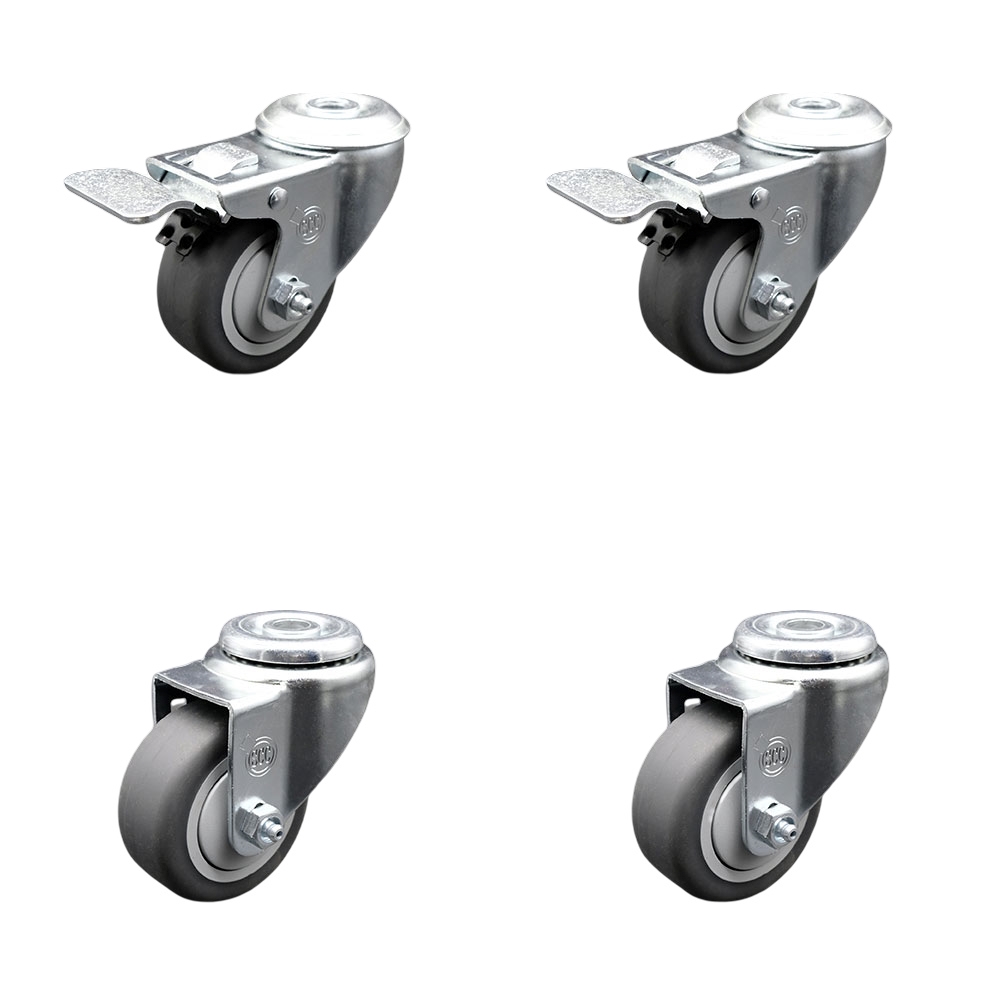 Stainless Steel Thermoplastic Rubber Swivel Bolt Hole Caster Set of 4 - 3" x 1.25" Gray Wheels - Includes 2 with Total Locking Brakes - 840 lbs Total Capacity - Service Caster Brand — photo 1