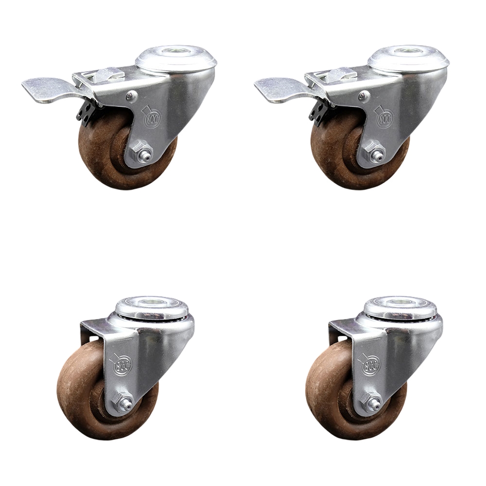 Stainless Steel High Temp Glass Filled Nylon Swivel Bolt Hole Caster Set of 4 w/3.5" x 1.25" Brown Wheels - Includes 2 with Total Locking Brakes - 1400 lbs Total Capacity - Service Caster Brand — photo 1