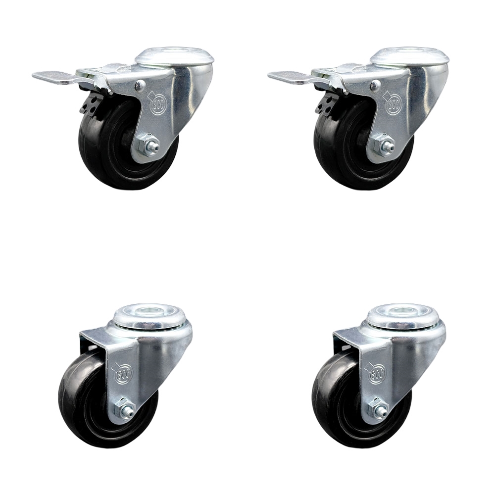 Stainless Steel Hard Rubber Swivel Bolt Hole Caster Set of 4 w/3.5" x 1.25" Black Wheels - Includes 2 with Total Locking Brakes - 1100 lbs Total Capacity - Service Caster Brand — photo 1