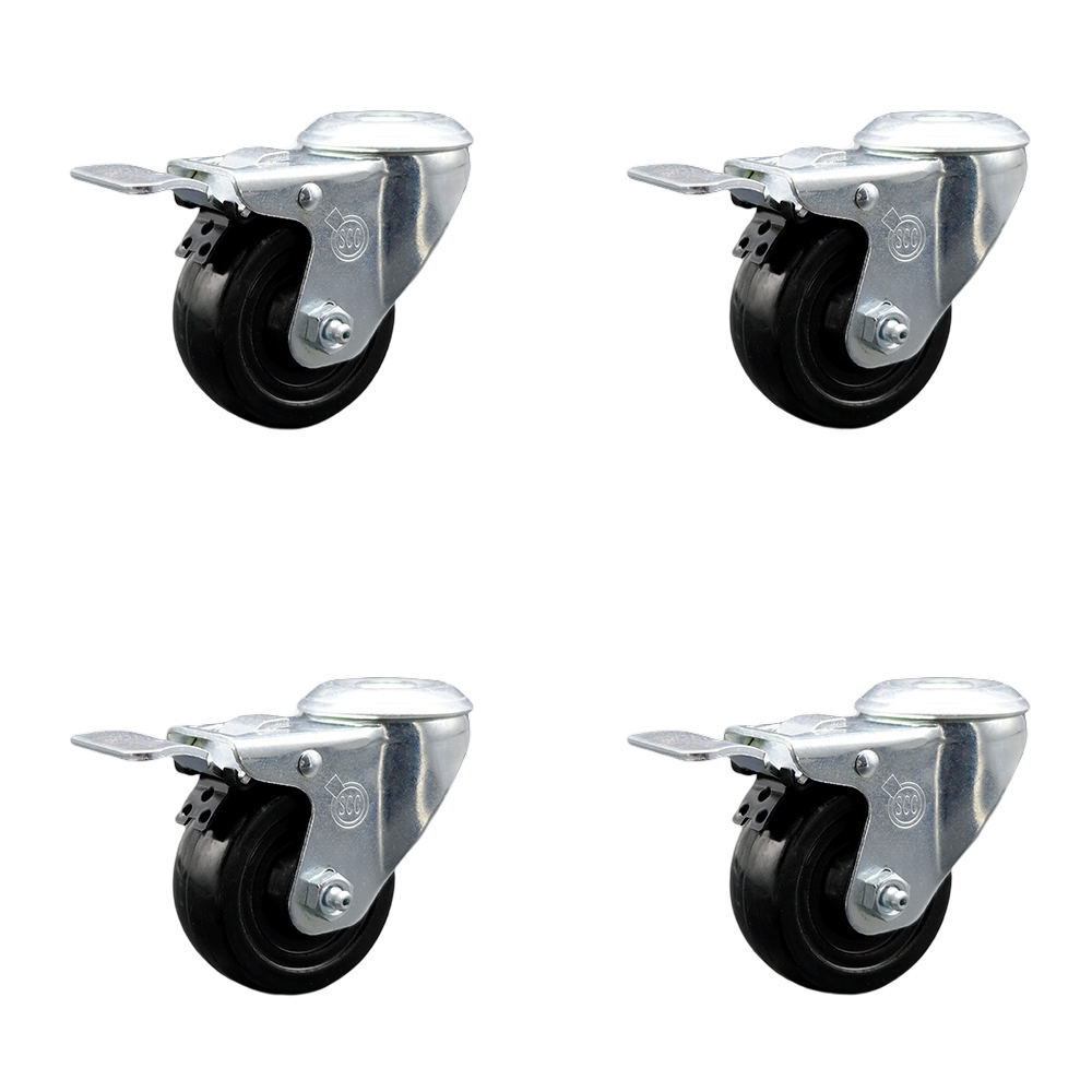Stainless Steel Hard Rubber Swivel Bolt Hole Caster Set of 4 w/3.5" x 1.25" Black Wheels - Includes 4 Swivel with Total Lock Brakes - 1140 lbs Total Capacity - Service Caster Brand — photo 1