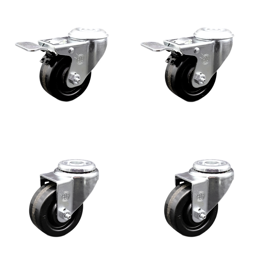 Stainless Steel Phenolic Swivel Bolt Hole Caster Set of 4 w/3.5" x 1.25" Black Wheels - Includes 2 with Total Locking Brakes - 1200 lbs Total Capacity - Service Caster Brand — photo 1