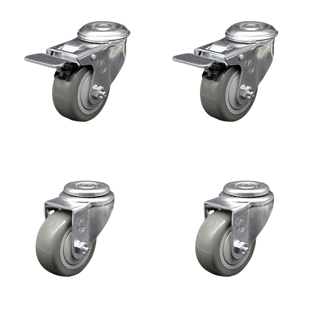Stainless Steel Polyurethane Swivel Bolt Hole Caster Set of 4 w/3.5" x 1.25"  Gray Wheels - Includes 2 with Total Locking Brakes - 1200 lbs Total Capacity - Service Caster Brand — photo 1