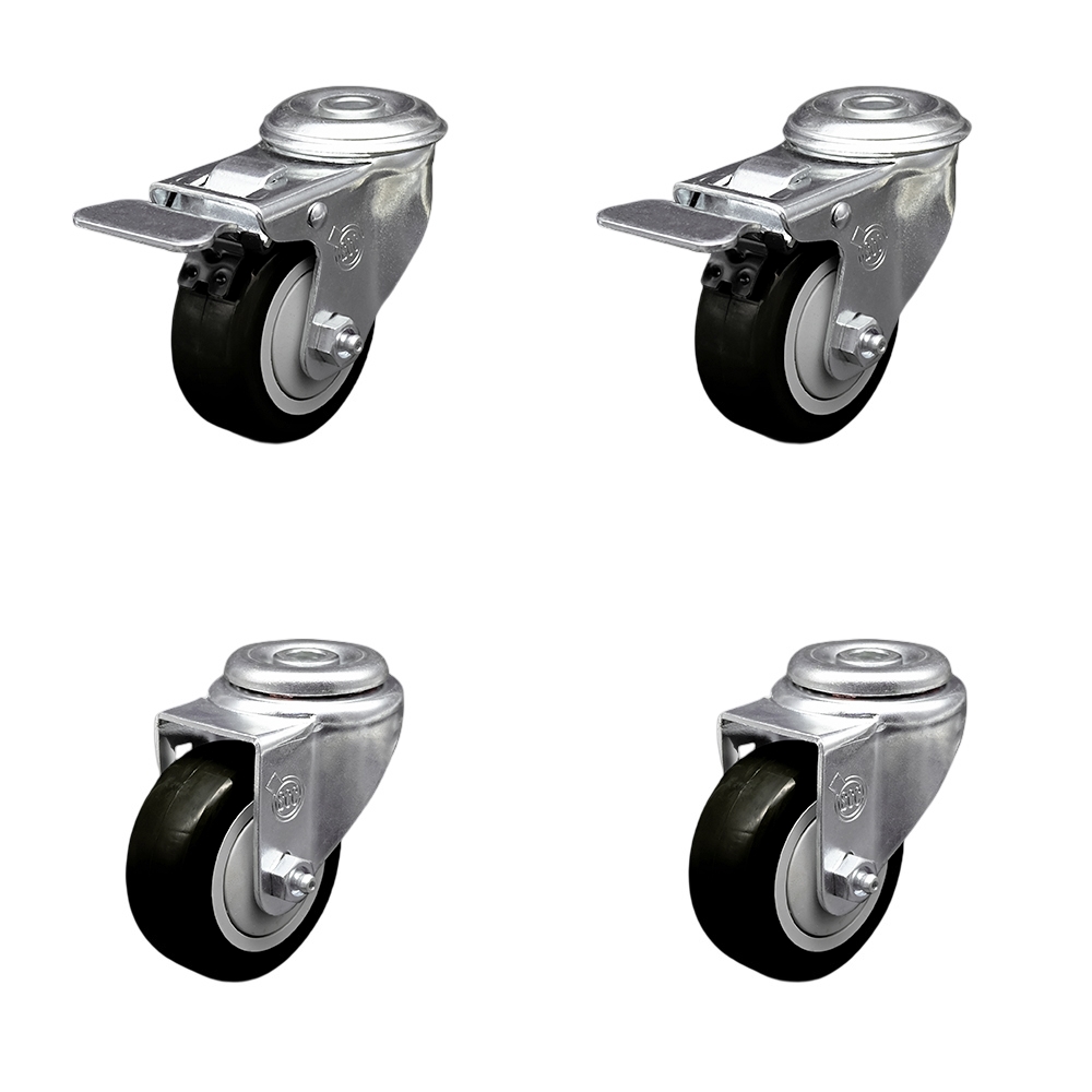 Stainless Steel Polyurethane Swivel Bolt Hole Caster Set of 4 w/3.5" x 1.25"  Black Wheels - Includes 2 with Total Locking Brakes - 1200 lbs Total Capacity - Service Caster Brand — photo 1