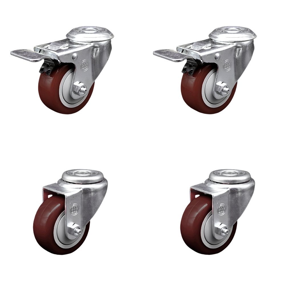Stainless Steel Polyurethane Swivel Bolt Hole Caster Set of 4 w/3.5" x 1.25" Maroon Wheels - Includes 2 with Total Locking Brakes - 1200 lbs Total Capacity - Service Caster Brand — photo 1