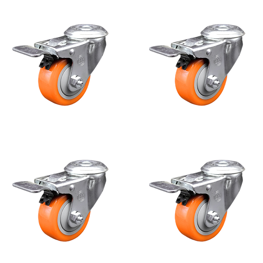 Stainless Steel Polyurethane Swivel Bolt Hole Caster Set of 4 w/3.5" x 1.25" Orange Wheels - Includes 4 Swivel with Total Lock Brakes - 1200 lbs Total Capacity - Service Caster Brand — photo 1