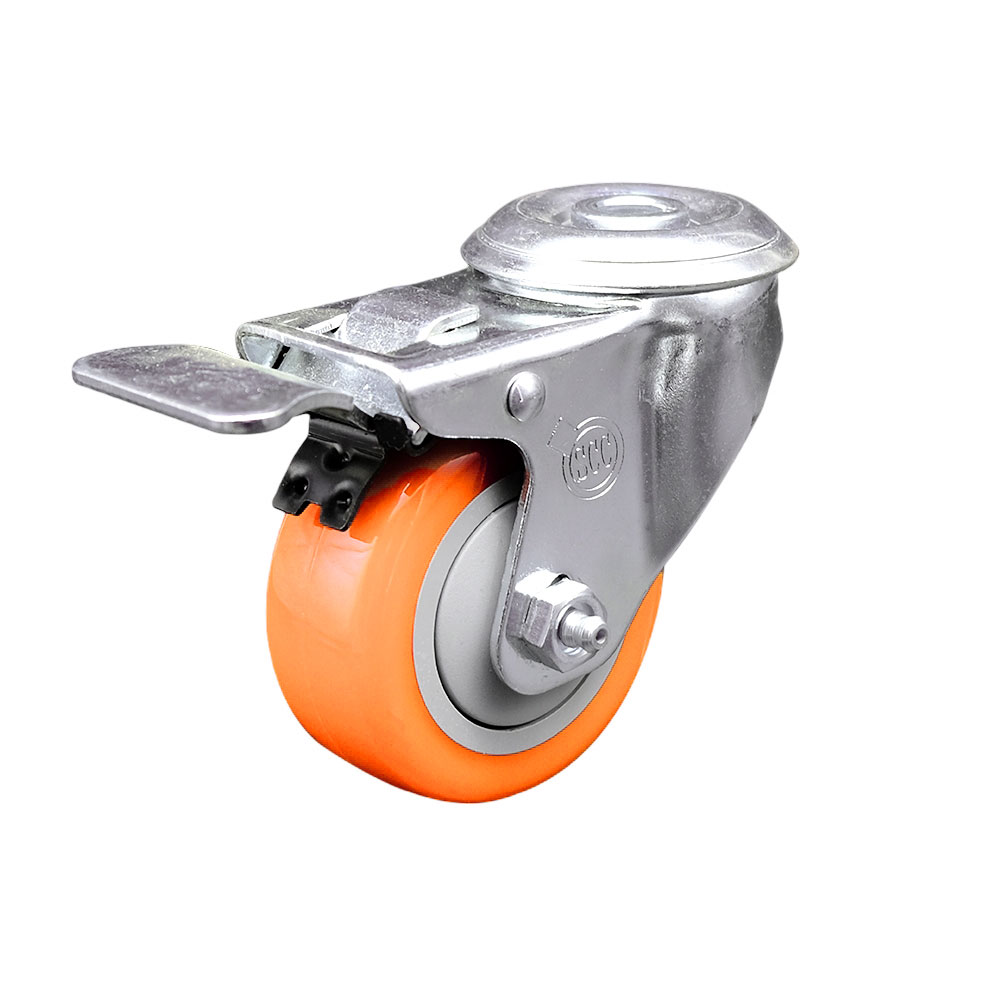 Stainless Steel Polyurethane Swivel Bolt Hole Caster w/3.5" x 1.25"  Orange Wheel & Total Locking Brake - 300 lbs Capacity/Caster - Service Caster Brand — photo 1