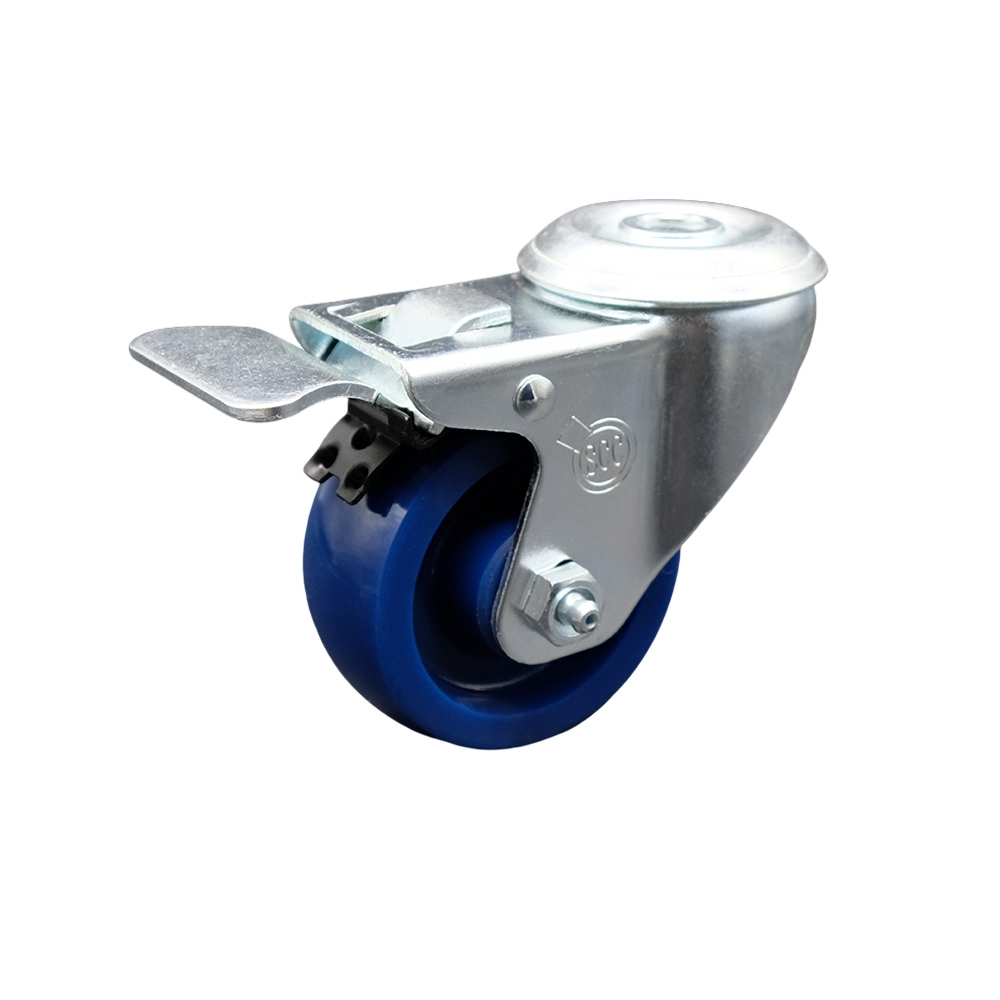 Stainless Steel Solid Polyurethane Swivel Bolt Hole Caster w/3.5" x 1.25" Blue Wheel & Total Locking Brake - 300 lbs Capacity/Caster - Service Caster Brand — photo 1
