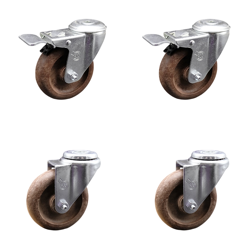 Stainless Steel High Temp Glass Filled Nylon Swivel Bolt Hole Caster Set of 4 w/4" x 1.25" Brown Wheels - Includes 2 with Total Locking Brakes - 1400 lbs Total Capacity - Service Caster Brand — photo 1