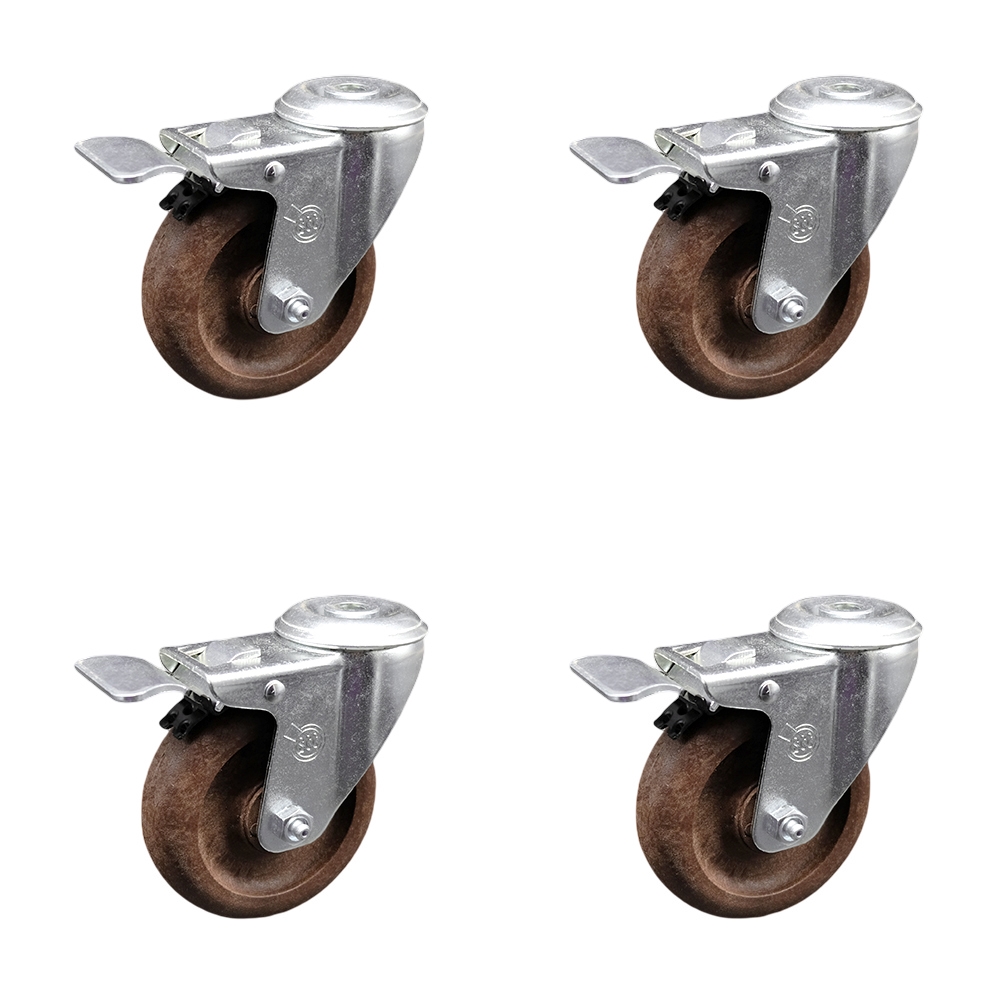 Stainless Steel High Temp Glass Filled Nylon Swivel Bolt Hole Caster Set of 4 w/4" x 1.25" Brown Wheels - Includes 4 Swivel with Total Lock Brakes - 1400 lbs Total Capacity - Service Caster Brand — photo 1