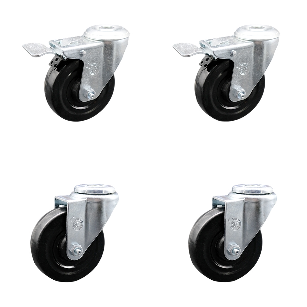 Stainless Steel Hard Rubber Swivel Bolt Hole Caster Set of 4 w/4" x 1.25" Black Wheels - Includes 2 with Total Locking Brakes - 1100 lbs Total Capacity - Service Caster Brand — photo 1
