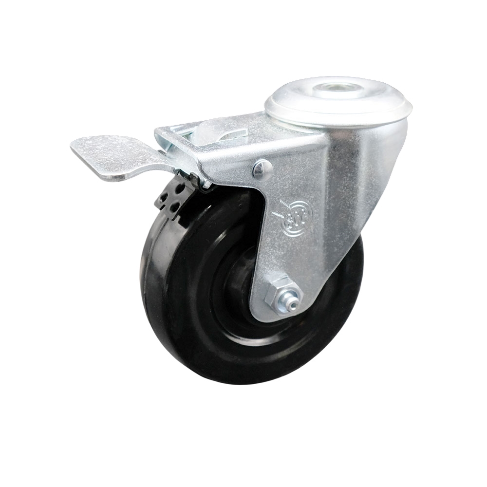 Stainless Steel Hard Rubber Swivel Bolt Hole Caster w/4" x 1.25" Black Wheel & Total Locking Brake - 300 lbs Capacity/Caster - Service Caster Brand — photo 1