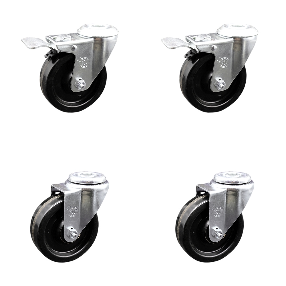 Stainless Steel Phenolic Swivel Bolt Hole Caster Set of 4 w/4" x 1.25" Black Wheels - Includes 2 with Total Locking Brakes - 1200 lbs Total Capacity - Service Caster Brand — photo 1