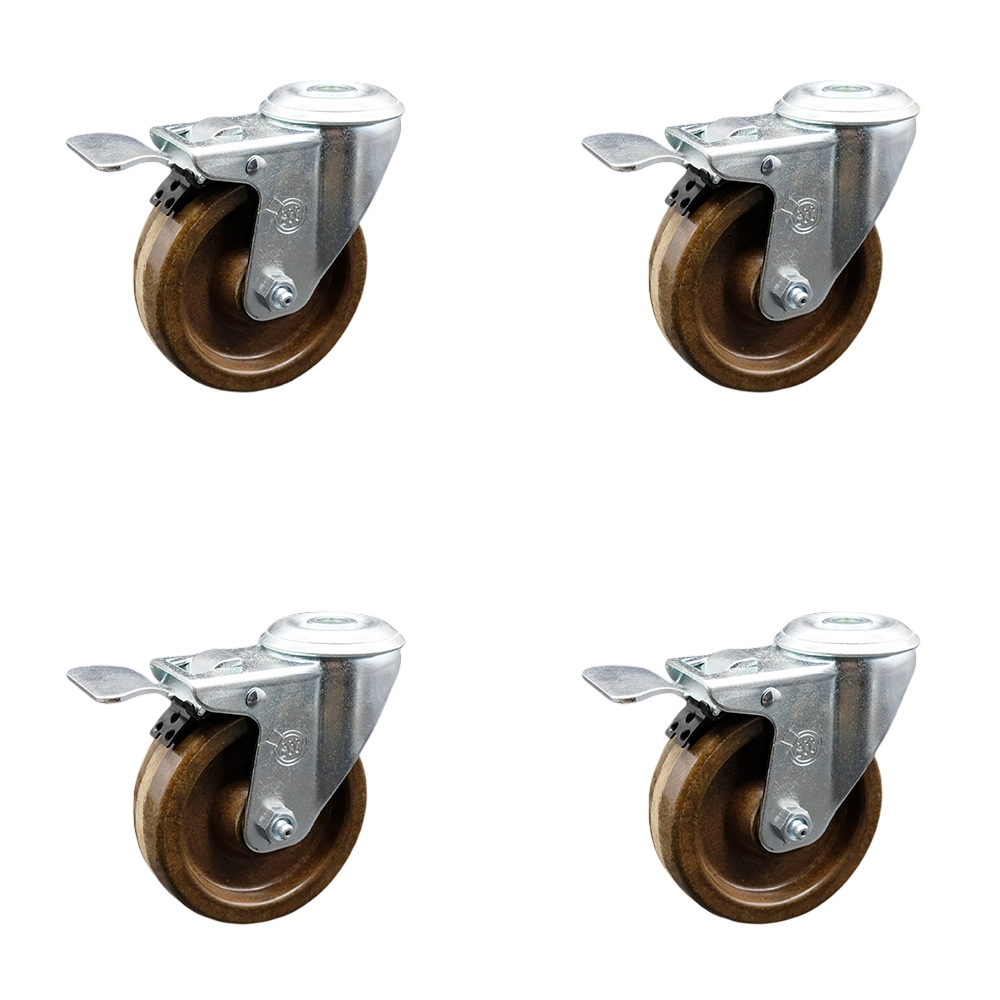 Stainless Steel High Temperature Phenolic Swivel Bolt Hole Caster Set of 4 w/4" x 1.25" Brown Wheels - Includes 4 Swivel with Total Lock Brakes - 1200 lbs Total Capacity - Service Caster Brand — photo 1