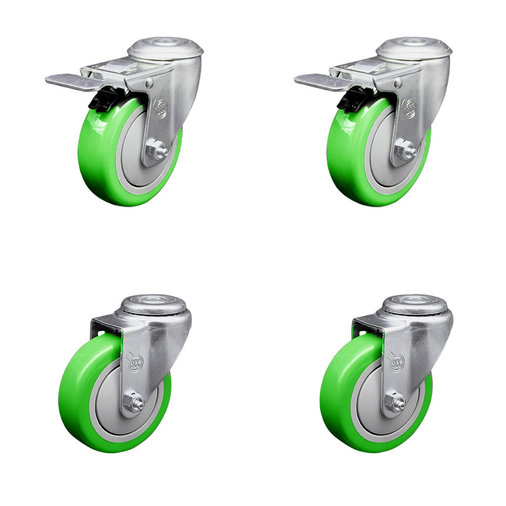 Stainless Steel Polyurethane Swivel Bolt Hole Caster Set of 4 w/4" x 1.25"  Green Wheels - Includes 2 with Total Locking Brakes - 1400 lbs Total Capacity - Service Caster Brand — photo 1