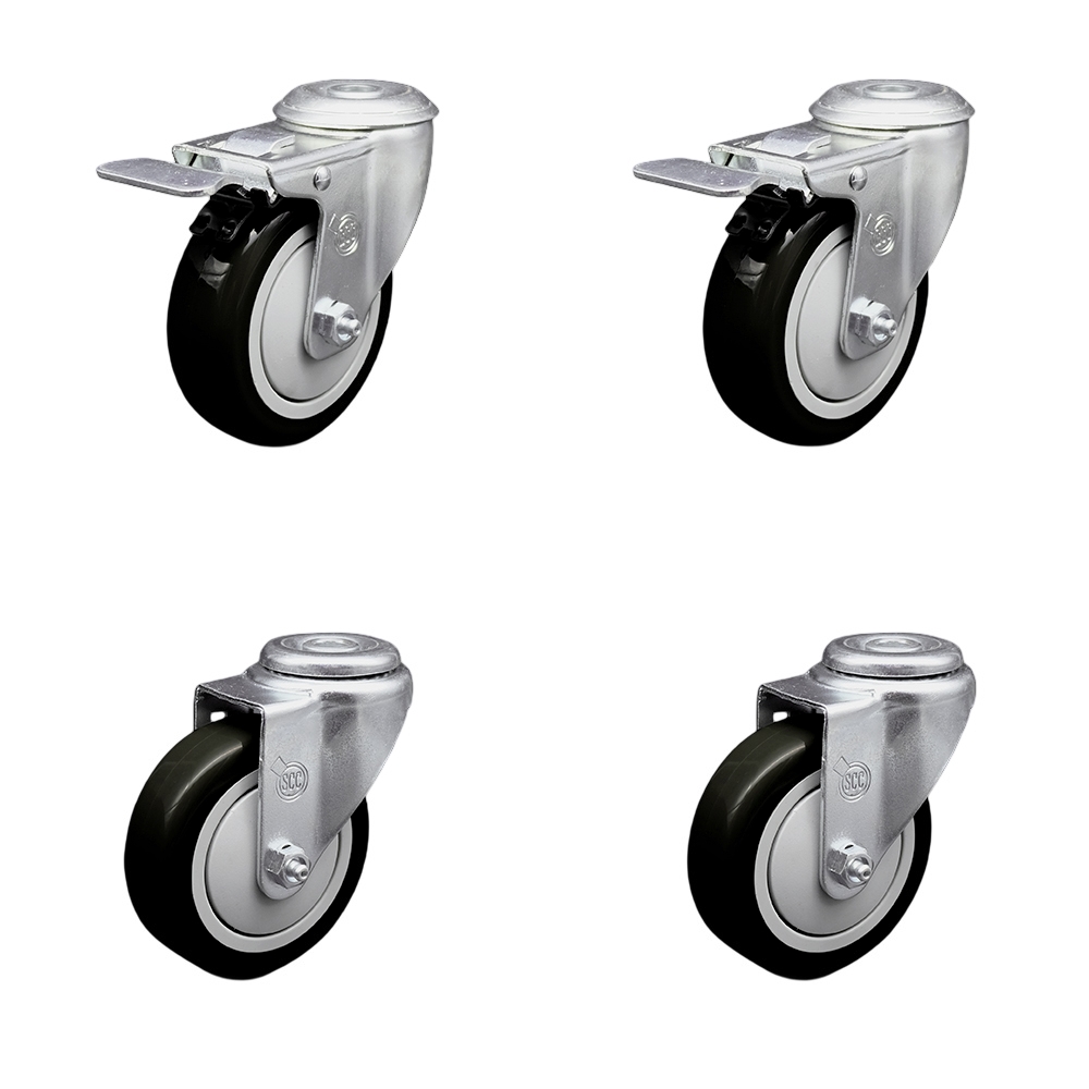 Stainless Steel Polyurethane Swivel Bolt Hole Caster Set of 4 w/4" x 1.25"  Black Wheels - Includes 2 with Total Locking Brakes - 1400 lbs Total Capacity - Service Caster Brand — photo 1