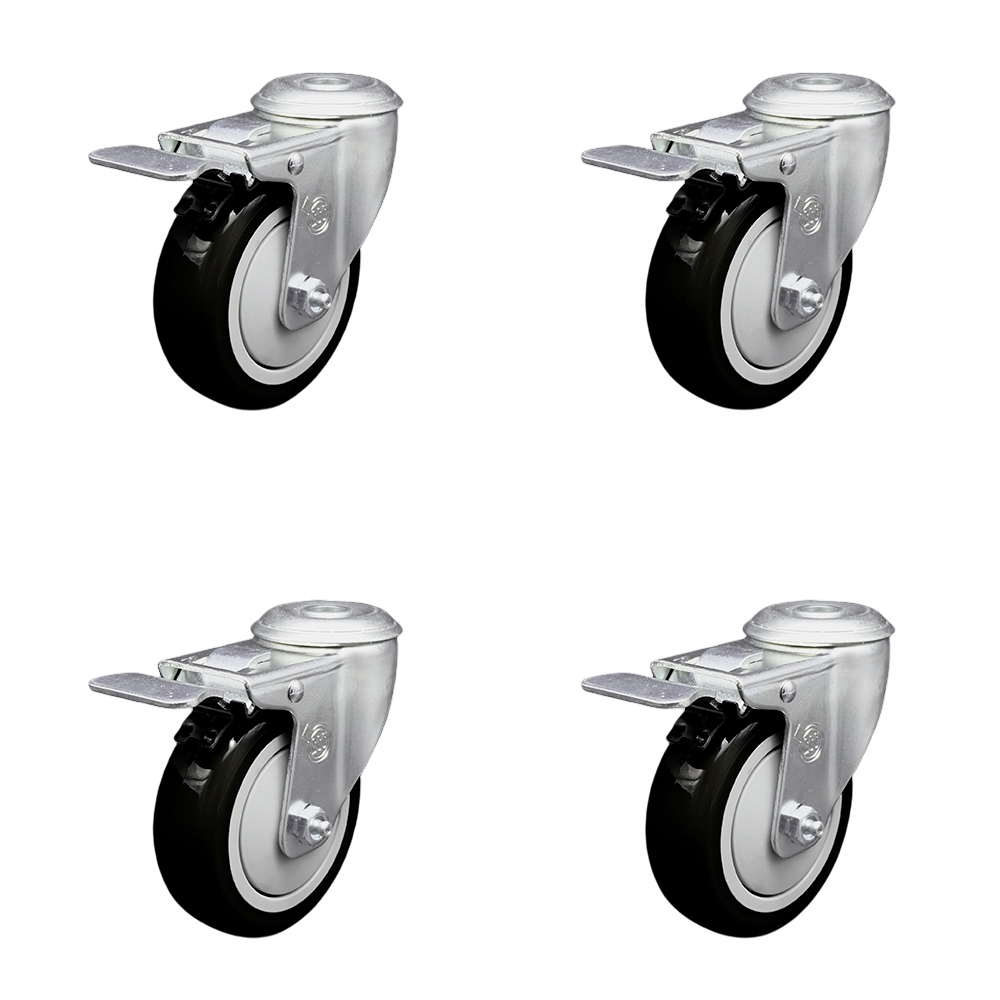 Stainless Steel Polyurethane Swivel Bolt Hole Caster Set of 4 w/4" x 1.25" Black Wheels - Includes 4 Swivel with Total Lock Brakes - 1400 lbs Total Capacity - Service Caster Brand — photo 1