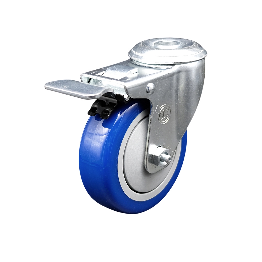 Stainless Steel Polyurethane Swivel Bolt Hole Caster w/4" x 1.25"  Blue Wheel & Total Locking Brake - 350 lbs Capacity/Caster - Service Caster Brand — photo 1