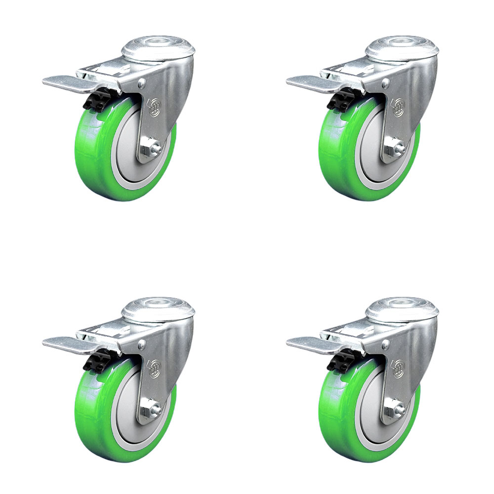 Stainless Steel Polyurethane Swivel Bolt Hole Caster Set of 4 w/4" x 1.25" Green Wheels - Includes 4 Swivel with Total Lock Brakes - 1400 lbs Total Capacity - Service Caster Brand — photo 1