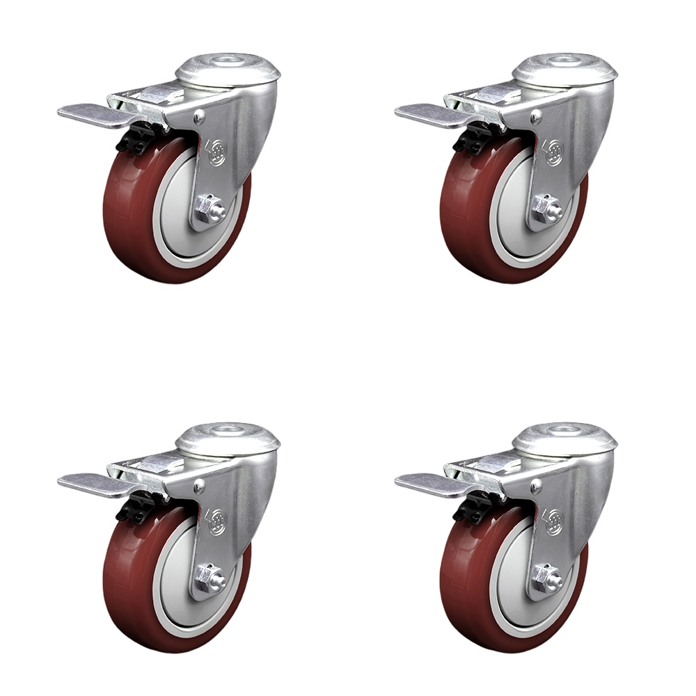 Stainless Steel Polyurethane Swivel Bolt Hole Caster Set of 4 w/4" x 1.25" Maroon Wheels - Includes 4 Swivel with Total Lock Brakes - 1400 lbs Total Capacity - Service Caster Brand — photo 1