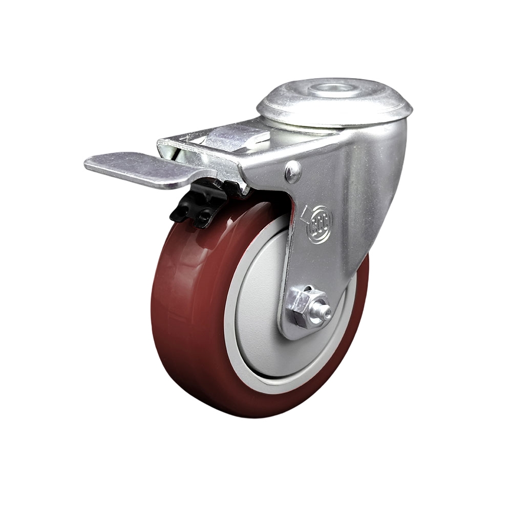 Stainless Steel Polyurethane Swivel Bolt Hole Caster w/4" x 1.25"  Maroon Wheel & Total Locking Brake - 350 lbs Capacity/Caster - Service Caster Brand — photo 1