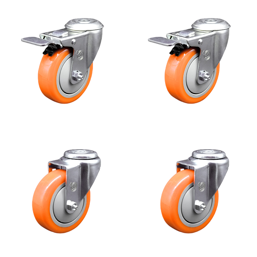 Stainless Steel Polyurethane Swivel Bolt Hole Caster Set of 4 w/4" x 1.25"  Orange Wheels - Includes 2 with Total Locking Brakes - 1400 lbs Total Capacity - Service Caster Brand — photo 1