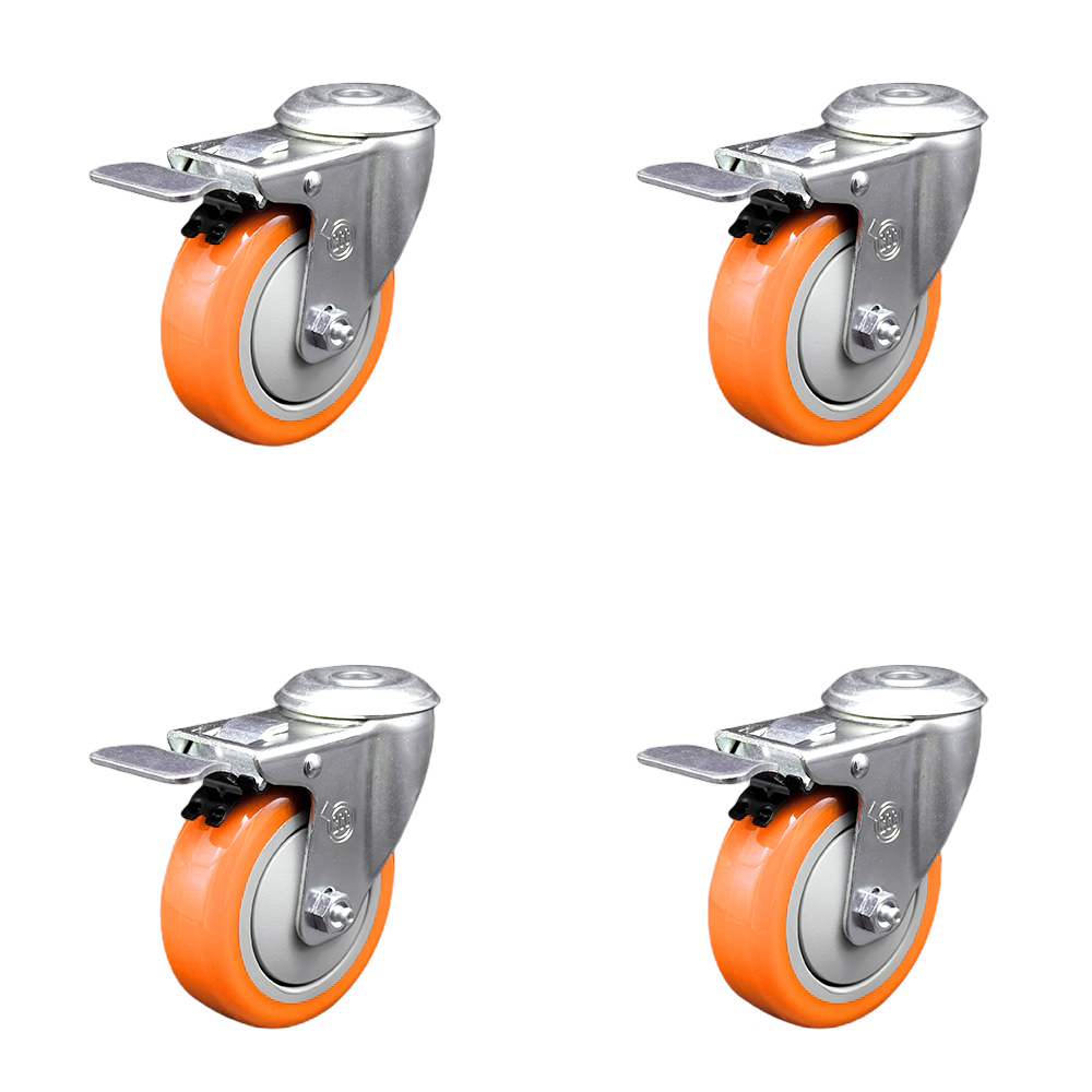 Stainless Steel Polyurethane Swivel Bolt Hole Caster Set of 4 w/4" x 1.25" Orange Wheels - Includes 4 Swivel with Total Lock Brakes - 1400 lbs Total Capacity - Service Caster Brand — photo 1