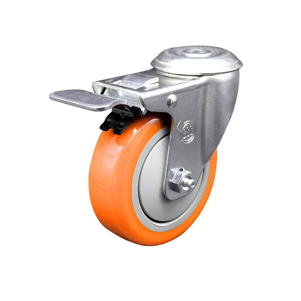 Stainless Steel Polyurethane Swivel Bolt Hole Caster w/4" x 1.25"  Orange Wheel & Total Locking Brake - 350 lbs Capacity/Caster - Service Caster Brand — photo 1